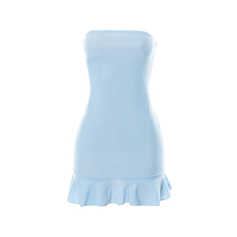 CUTENOVA Women Soft Tender Slight Blue Strapless Wrap Hipster Mini Pleated Dress Pullover Sexy Charm Outfits Girls Dating Wear