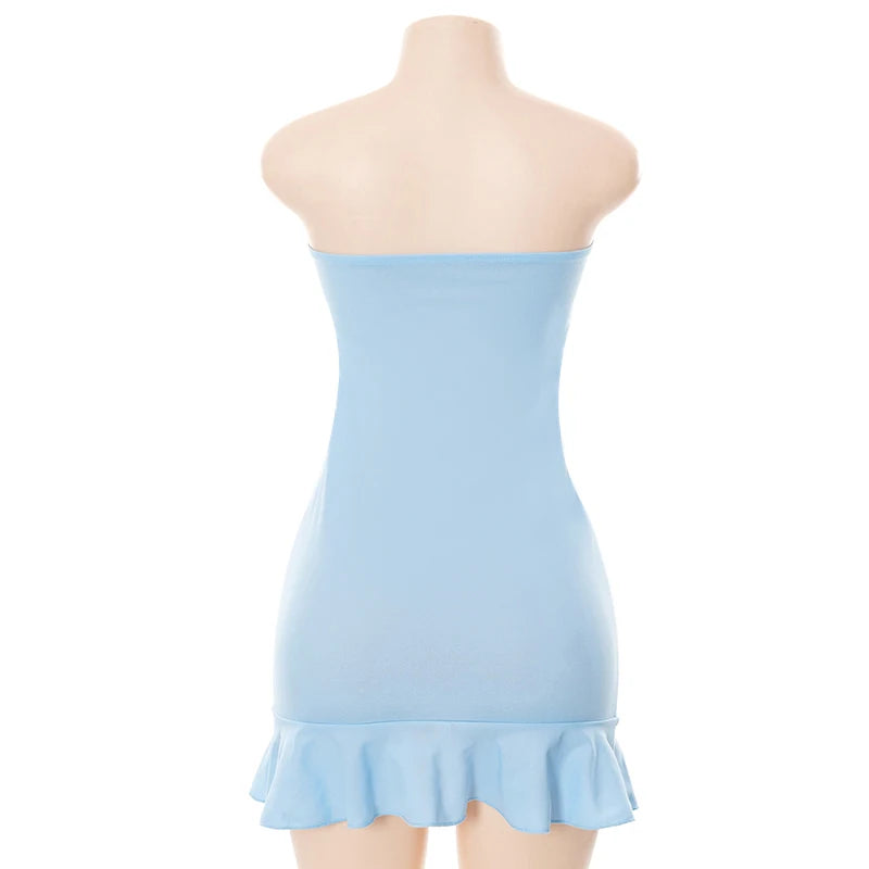 CUTENOVA Women Soft Tender Slight Blue Strapless Wrap Hipster Mini Pleated Dress Pullover Sexy Charm Outfits Girls Dating Wear