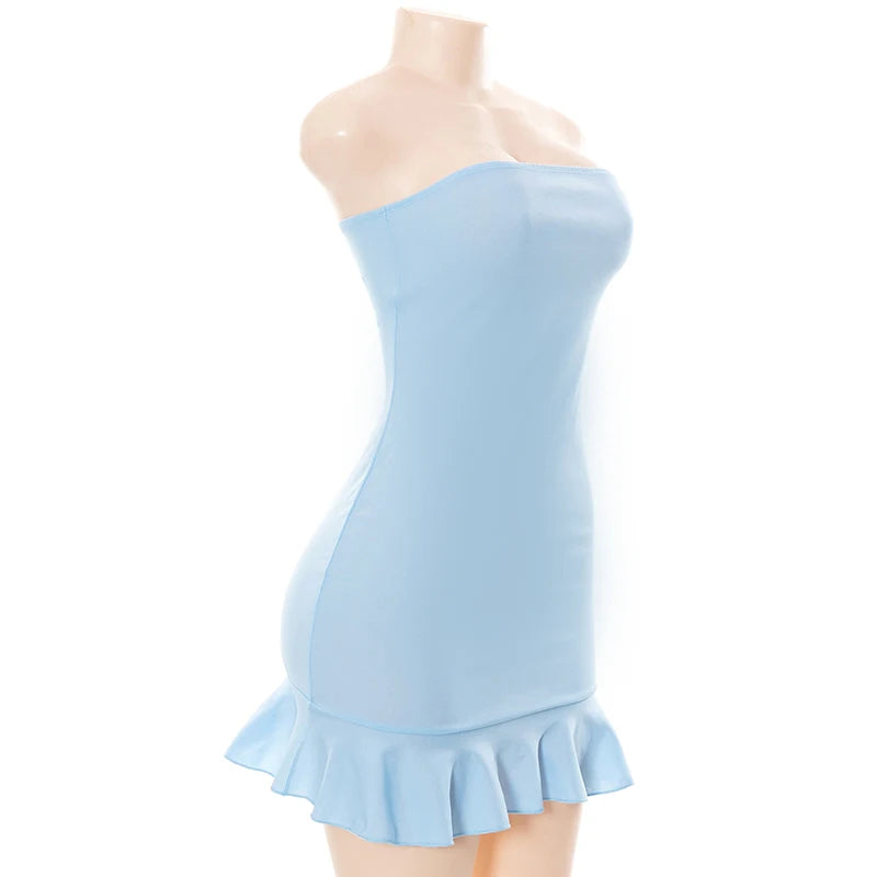 CUTENOVA Women Soft Tender Slight Blue Strapless Wrap Hipster Mini Pleated Dress Pullover Sexy Charm Outfits Girls Dating Wear