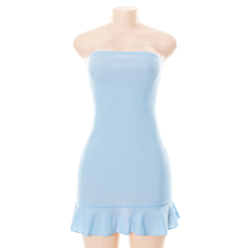 CUTENOVA Women Soft Tender Slight Blue Strapless Wrap Hipster Mini Pleated Dress Pullover Sexy Charm Outfits Girls Dating Wear