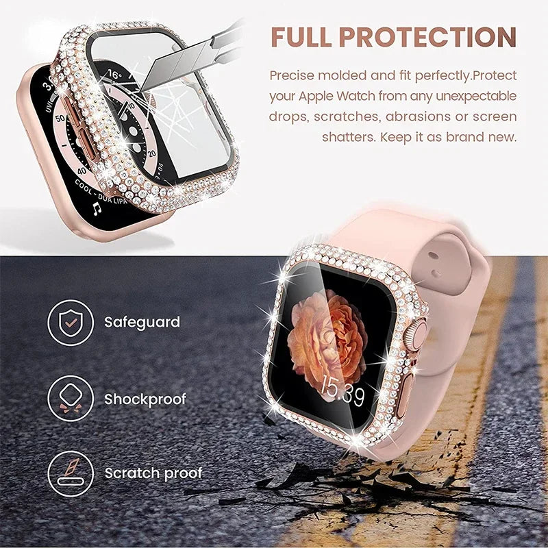 Rhinestone Decor Tempered Glass Screen Protector Watch Case For Apple Watch 38/40/41/42/44/45/46mm,Series SE/10/9/8/7/6/5/4/3/2