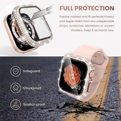 Rhinestone Decor Tempered Glass Screen Protector Watch Case For Apple Watch 38/40/41/42/44/45/46mm,Series SE/10/9/8/7/6/5/4/3/2