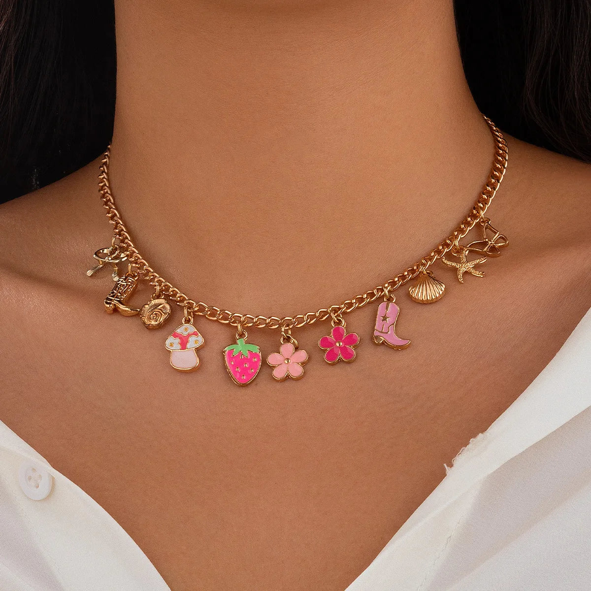Catuni Summer Vacation Charm Necklaces for Women Gold Color Collar Trendy Dolphin Shell Pearl Turtle Jewelry Gifts