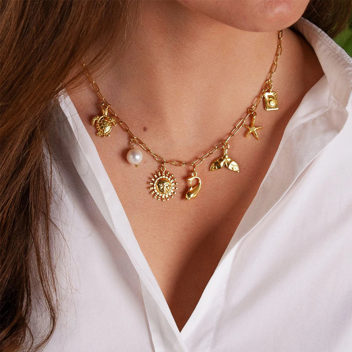 Catuni Summer Vacation Charm Necklaces for Women Gold Color Collar Trendy Dolphin Shell Pearl Turtle Jewelry Gifts