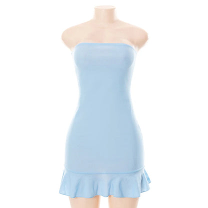 CUTENOVA Women Soft  Tender Slight Blue Strapless Wrap Hipster Mini Pleated Dress Pullover Sexy Charm Outfits Girls Dating Wear
