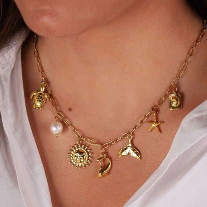 Catuni Summer Vacation Charm Necklaces for Women Gold Color Collar Trendy Dolphin Shell Pearl Turtle Jewelry Gifts