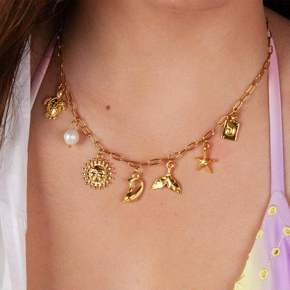 Catuni Summer Vacation Charm Necklaces for Women Gold Color Collar Trendy Dolphin Shell Pearl Turtle Jewelry Gifts
