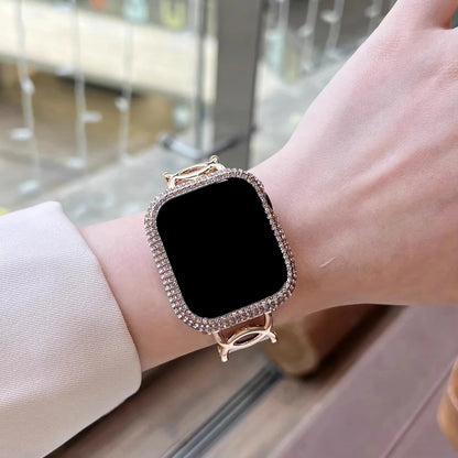 Rhinestone Decor Tempered Glass Screen Protector Watch Case For Apple Watch 38/40/41/42/44/45/46mm,Series SE/10/9/8/7/6/5/4/3/2