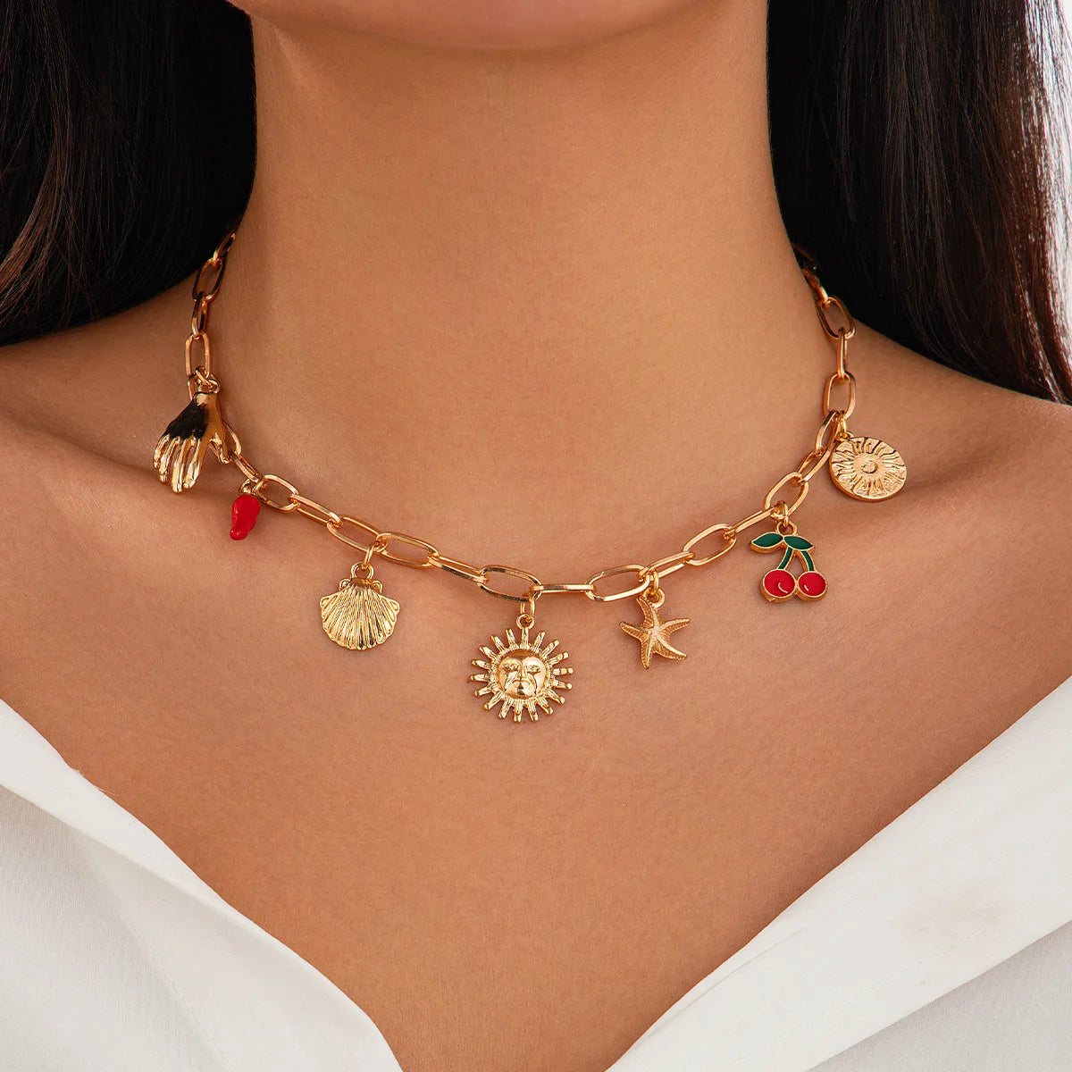 Catuni Summer Vacation Charm Necklaces for Women Gold Color Collar Trendy Dolphin Shell Pearl Turtle Jewelry Gifts