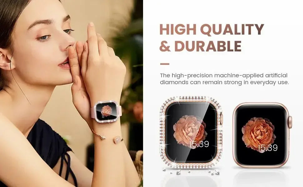 Rhinestone Decor Tempered Glass Screen Protector Watch Case For Apple Watch 38/40/41/42/44/45/46mm,Series SE/10/9/8/7/6/5/4/3/2