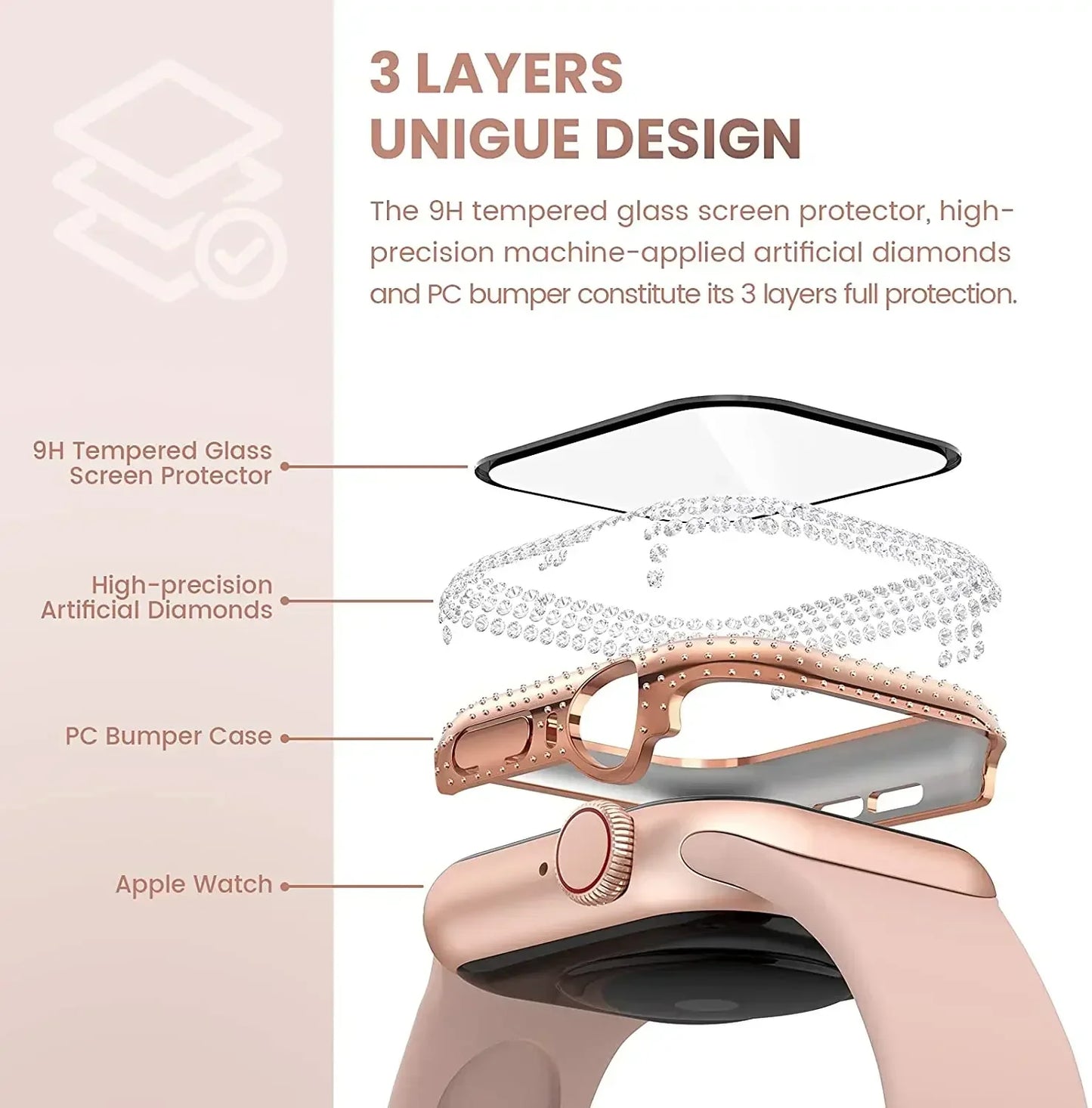 Rhinestone Decor Tempered Glass Screen Protector Watch Case For Apple Watch 38/40/41/42/44/45/46mm,Series SE/10/9/8/7/6/5/4/3/2