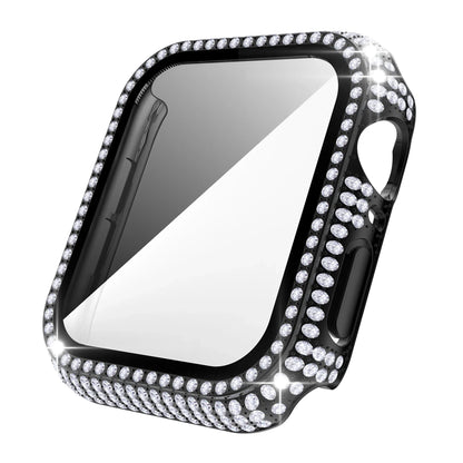 Rhinestone Decor Tempered Glass Screen Protector Watch Case For Apple Watch 38/40/41/42/44/45/46mm,Series SE/10/9/8/7/6/5/4/3/2