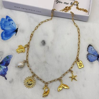 Catuni Summer Vacation Charm Necklaces for Women Gold Color Collar Trendy Dolphin Shell Pearl Turtle Jewelry Gifts
