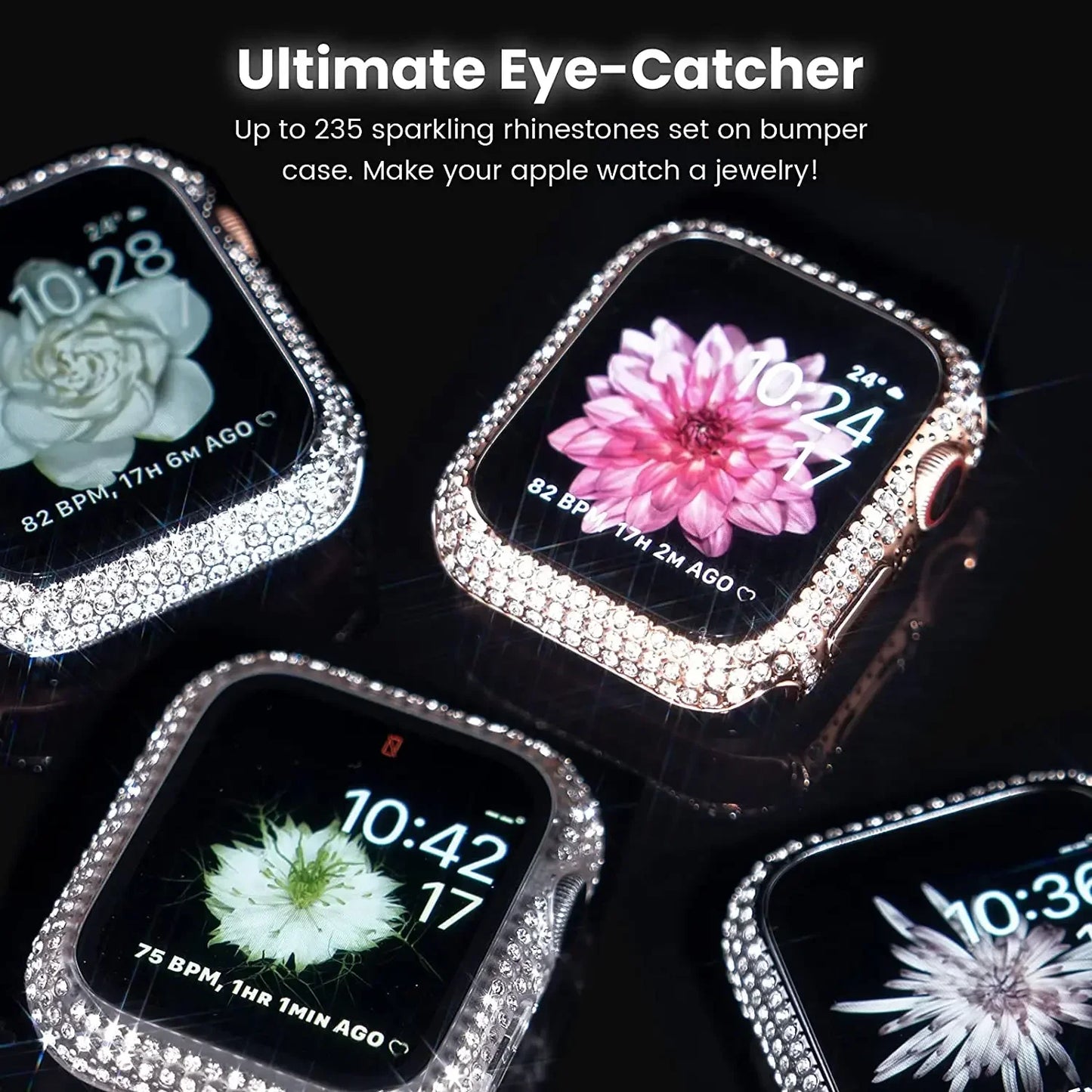 Rhinestone Decor Tempered Glass Screen Protector Watch Case For Apple Watch 38/40/41/42/44/45/46mm,Series SE/10/9/8/7/6/5/4/3/2